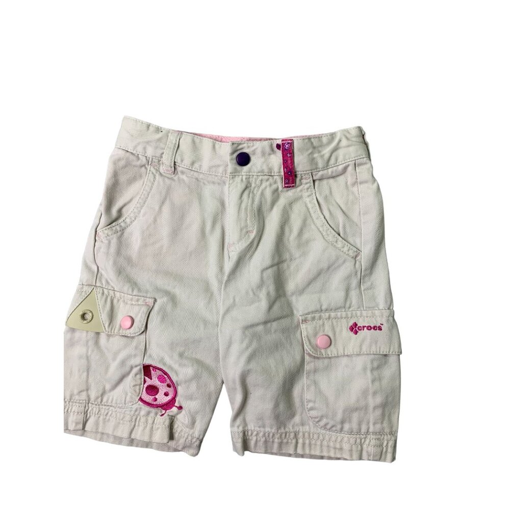 Crocs GIrls Size 4 Khaki Tan Pink Cargo Shorts Bermuda Ladybug